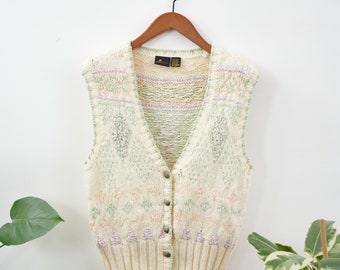 Cream, Lilac, Peach and Green Vintage Sleeveless Cardigan - S