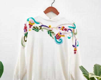 Cream Vintage Jumper with Multi-Coloured Embroidery - L