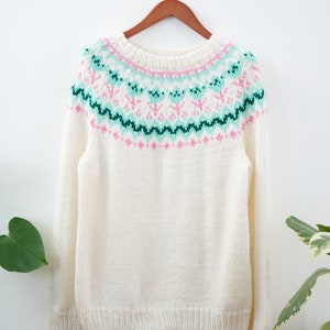 White, Pink and Turquoise Vintage Fair Isle Jumper - XL