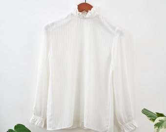 White Striped Vintage Blouse with Ruffled Neckline - M