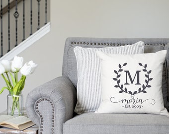 Personalized Family Name Pillow - Decorative Throw Pillow-  Farmhouse Monogram Pillow Cover  - Personalized Name & Established Date - Custom