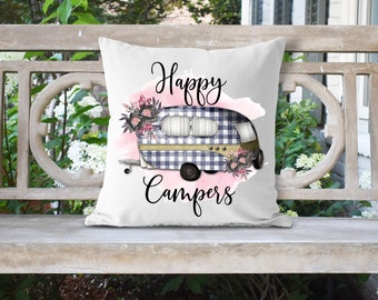 Happy Campers Pillow, Farmhouse Pillow, Farmhouse Decor, Camping Pillow, Camping Decor, Buffalo Plain, Pink Floral