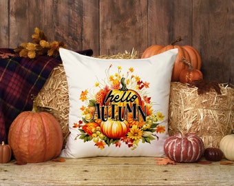 Hello Autumn Throw Pillow Cover 16x16, Fall, Thanksgivng, Pumpkins, Autumn, Fall Throw Pillow, Rustic Throw Pillow, Farmhouse Pillow