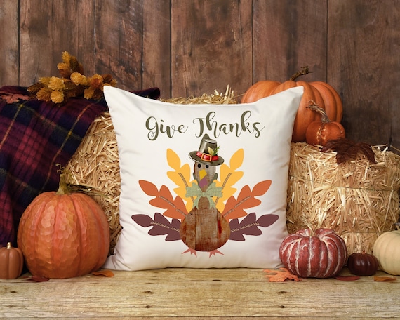 Give Thanks Throw Pillow Cover 16x16, Fall , Thanksgivng, Turkey, Autumn,  Fall Throw Pillow, Rustic Throw Pillow, Farmhouse Pillow 