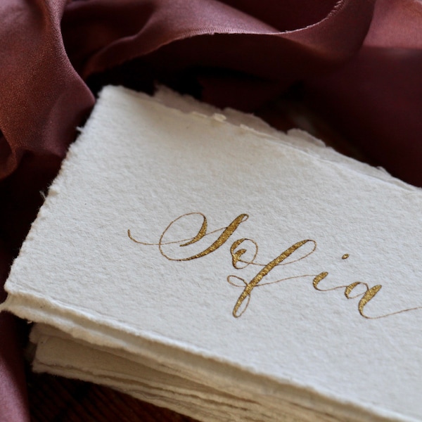 Handwritten Antique Gold Place Name Cards, Calligraphy Place Cards for Wedding, Table Place Settings