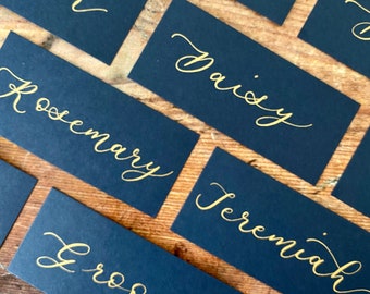 Handwritten Navy Blue and Gold Place Cards, Calligraphy Place Cards for Wedding, Name Cards, Table Place Settings