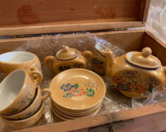 2 cups and saucers tea pot occupied Japan Vintage childrens tea set mix matched