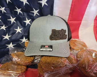 I prefer creme pies fudge Rounds gray welfare new world leather patch Trucker snapback mesh back hat cap