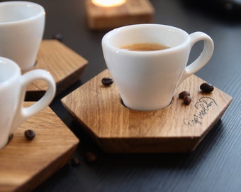 Einzigartiges Set für Espressoliebhaber mit Gravur - Edle Untersetzer inkl. dickwandigen Tassen!  (Eiche, Barista, Espressotasse, Kaffee)