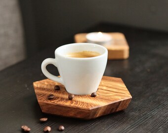 Unikat für Espressoliebhaber - Edle Untersetzer inkl. dickwandigen Tassen!  (Design, Eiche, Geschenk, Barista, Espressotasse, Kaffee, Cafe)
