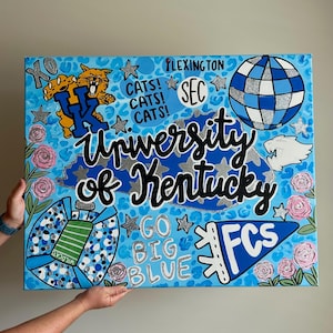 Può includere: Un dipinto su tela rettangolare con uno sfondo a stampa leopardata azzurra e il testo University of Kentucky in caratteri neri. Include una mascotte gatto selvatico UK, una palla da discoteca, uno stadio di football, una mappa del Kentucky e rose.