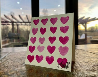 Valentine’s Day card - hand painted - watercolor- pink hearts - handmade
