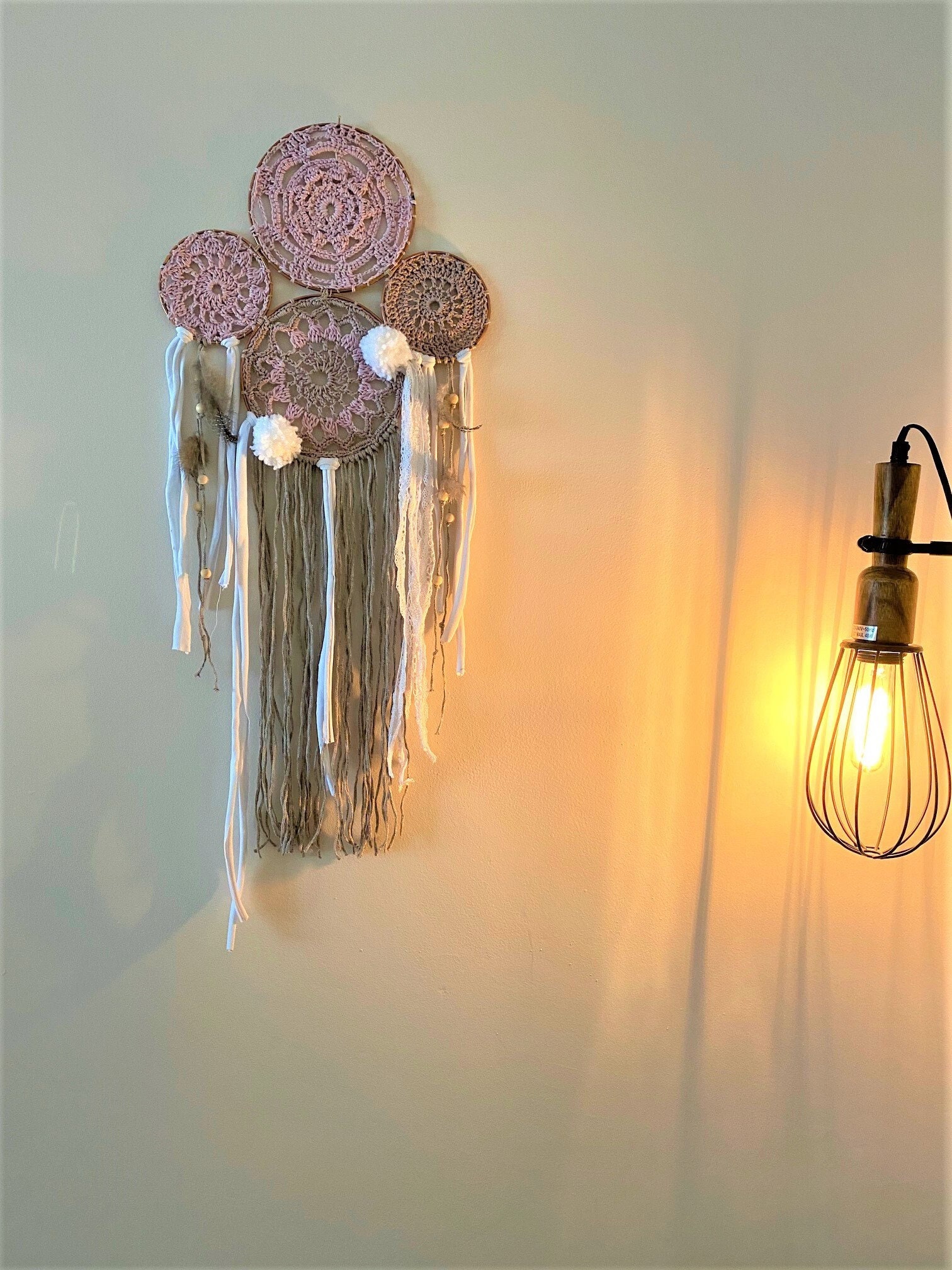 Attrape Rêve Bohème Au Crochet Matière Naturelle Plumes Tissu Coton