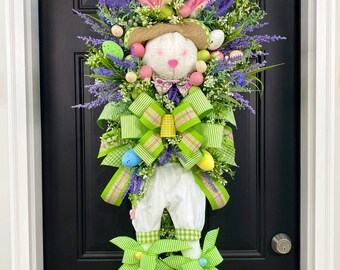 Bunny Easter Wreaths for Front Door, Easter Bunny Wreath, Floral Spring Wreath