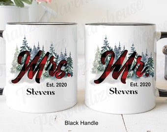 Mr. And Mrs. Personalized Mug Set, Couples Mugs, Gifts For Husband And Wife, Wedding Gift Set, Coffee Mug Set, Plaid, Cabin, Bride And Groom