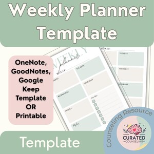 Puede incluir: Una plantilla de planificador semanal con una combinación de colores verde claro y blanco. La plantilla incluye secciones para cada día de la semana, una lista de tareas y una sección de notas. El texto incluye "Weekly Planner Template" y opciones digitales.