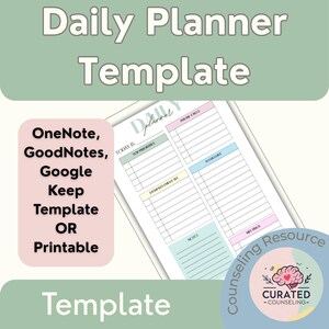 Puede incluir: Una plantilla de planificador diario digital con secciones para las principales prioridades, la lista de tareas y las notas. La plantilla está disponible para OneNote, GoodNotes, Google Keep o como imprimible. El diseño incluye colores pastel y el texto "Daily Planner Template".