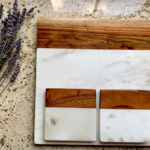Square Marble & Wood Tray + 2 Pc Coaster Set | Natural Stone Serveware Set