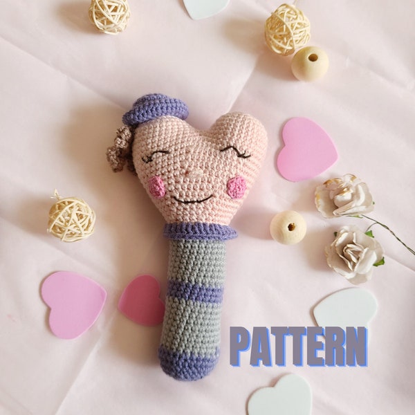 Crochet heart baby rattle pattern, DYI newborn Valentines day gift, Easy amigurumi rattle