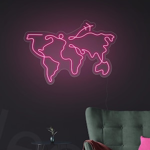 Mapa del mundo de neón, letrero de neón de la Tierra, letrero luminoso de mapa de viajes, luz LED de mapa de viajes, arte de pared de mapa del mundo, decoración de pared de mapa del mundo, letrero de neón de globo
