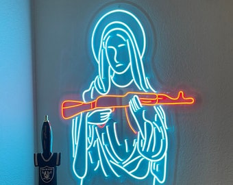 Blessed Virgin Mary Madonna Kalashnikov Gun - АК-47, LED Neon Sign, Wall Decor, Wall Sign, Neon Lights, custom neon sign, Madonna neon sign