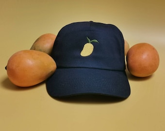 Navy hat with mango motif | baseball cap with embroidered detail | hat with mango embroidered patch | yellow mango | cap | dad hat