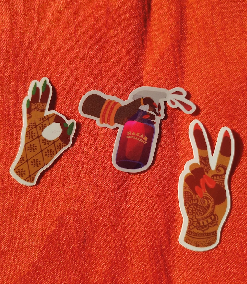 Diwali Sticker bundle 'Peace out', 'Nazar Repellent' and 'Okay' stickers vinyl and holographic stickers All 3 hands