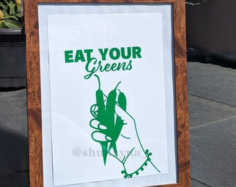 Eat Your Greens original art, limited edition screenprinted artwork, green screen print, chilli motif, printed in london
