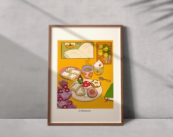 Cosy Autumn print | kitchen print | Autumn illustration | still life reading cozy vibes | illustration print