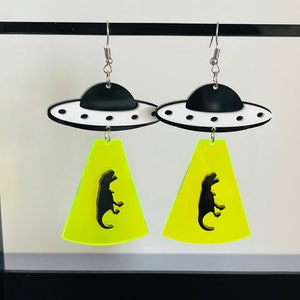 Alien UFO dinosaur earrings, spaceship, weird, I want to believe earrings