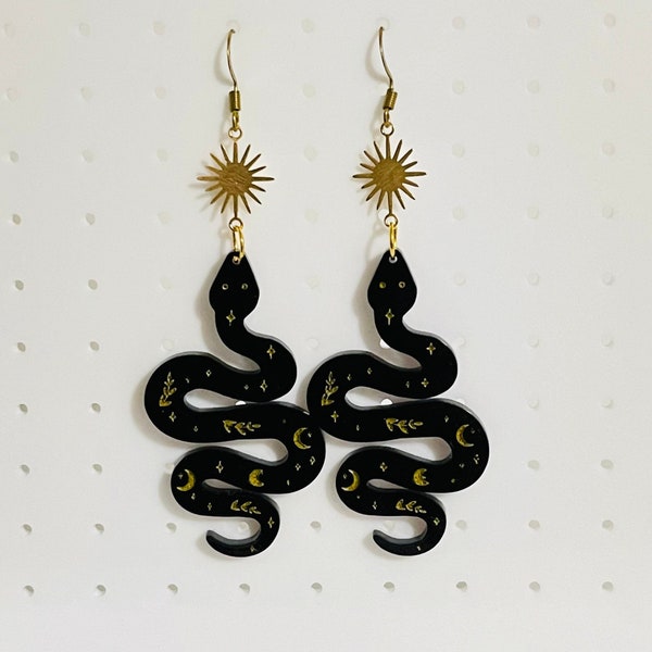 Celestial snake earrings, acrylic earrings, black snake earrings engraved, witchy earrings, gift for girlfriend, best friend, birthday gift