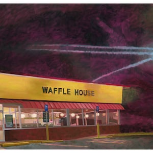 May include: A painting of a Waffle House restaurant at night. The building is yellow with red accents and the sign reads "Waffle House". The sky is dark purple with white streaks of light from aeroplanes.