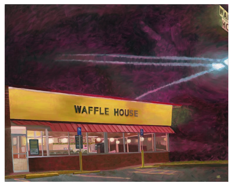 May include: A painting of a Waffle House restaurant at night. The building is yellow with red accents and the sign reads "Waffle House". The sky is dark purple with white streaks of light from aeroplanes.