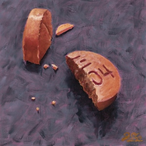 May include: An artistic rendering of a broken, orange pill with the number "104" imprinted on it. The pill is in pieces on a dark, textured background, with small fragments scattered around.
