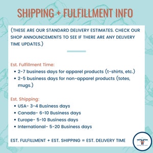 Pu&ograve; includere: Una grafica con testo che recita "Shipping + Fulfillment Info" e fornisce tempi di spedizione stimati per prodotti di abbigliamento e non di abbigliamento. Il testo afferma anche "Queste sono le nostre stime di consegna standard. Controlla gli annunci del negozio per vedere se ci sono aggiornamenti sui tempi di consegna."