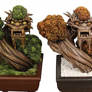 May include: Four miniature bonsai trees with dragon heads, each in a square pot with a different colored base: purple, brown, black, and brown. The trees are made of a green, brown, and red material.