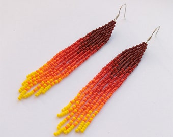 Fire red beaded earrings Brown Yellow Fringe earrings Long earrings Dangle earrings Seed bead earrings Chandelier earring Beadwork earrings