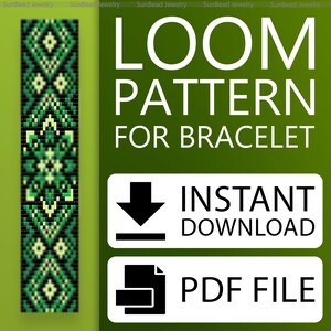 Op de afbeelding: Een digitaal loompatroon voor een armband, met een geometrisch ontwerp in groen en zwart. De afbeelding bevat de tekst "LOOM PATTERN FOR BRACELET" en "INSTANT DOWNLOAD PDF FILE" op een groene achtergrond.