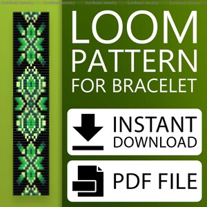 May include: A digital loom pattern for a bracelet, featuring a geometric design in shades of green on a black background. The image includes the text "LOOM PATTERN FOR BRACELET", "INSTANT DOWNLOAD", and "PDF FILE".