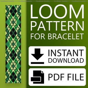 Może przedstawiać: Cyfrowy wzór na bransoletkę, z geometrycznym wzorem w odcieniach zieleni i czerni. Wyświetlany jest tekst "LOOM PATTERN FOR BRACELET", a także przyciski "INSTANT DOWNLOAD" i "PDF FILE".
