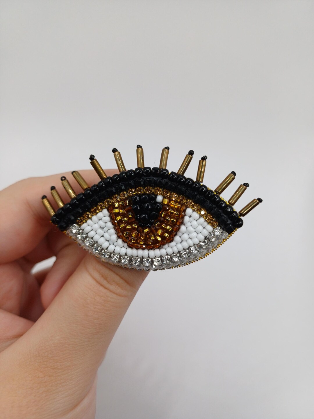 Evil Eye Brooch, Brown Beaded Eye, Embroidered Brooch, Big Crystal Eye ...