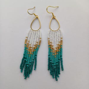 Gold White and Turquoise Beaded Earrings - Ombre Short Fringe Lightweight Handmade Gradient Earrings - Perfect Gift for Her - Earrings