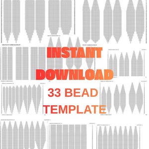 Op de afbeelding: Een digitaal sjabloon voor kralenwerk, met verschillende geometrische patronen in een rasterachtige opstelling. De woorden "INSTANT DOWNLOAD" en "33 BEAD TEMPLATE" zijn prominent in oranje weergegeven. Geschikt voor knutselprojecten.