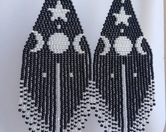 Bead earrings, Earrings Moon, Black Silver very long earrings, extra long earrings, fringe earrings, boho earrings, seed bead earrings