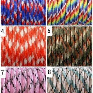 Puede incluir: Primer plano de ocho muestras de paracord. Los cordones presentan varios patrones y colores, incluyendo rojo, blanco y azul; un degradado arco&iacute;ris; cuadros vichy naranja y blanco; camuflaje; rombos rosas y negros; y cuadros verdes y blancos.