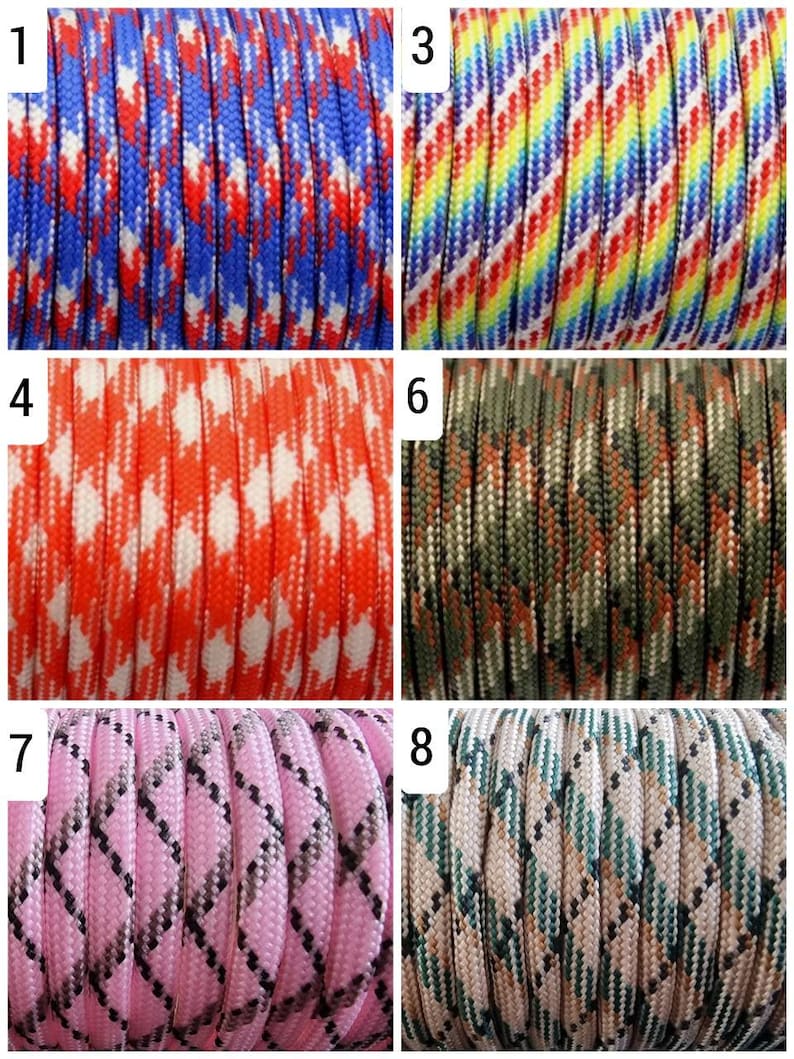 Puede incluir: Primer plano de ocho muestras de paracord. Los cordones presentan varios patrones y colores, incluyendo rojo, blanco y azul; un degradado arco&iacute;ris; cuadros vichy naranja y blanco; camuflaje; rombos rosas y negros; y cuadros verdes y blancos.