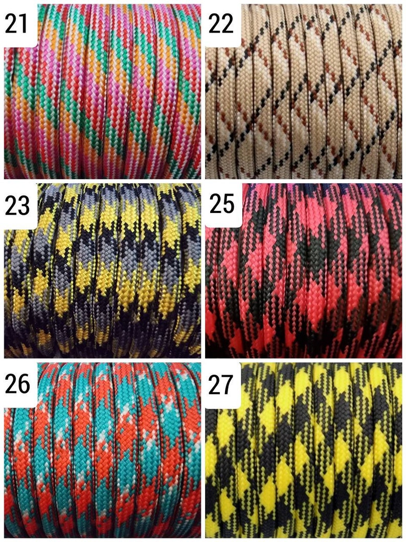 Puede incluir: Una colecci&oacute;n de carretes de paracord coloridos. Los carretes muestran varios patrones y colores, incluyendo rosa, verde, naranja, negro, rojo, amarillo y turquesa. El paracord est&aacute; tejido apretadamente, creando una superficie texturizada. Cada carrete est&aacute; numerado.