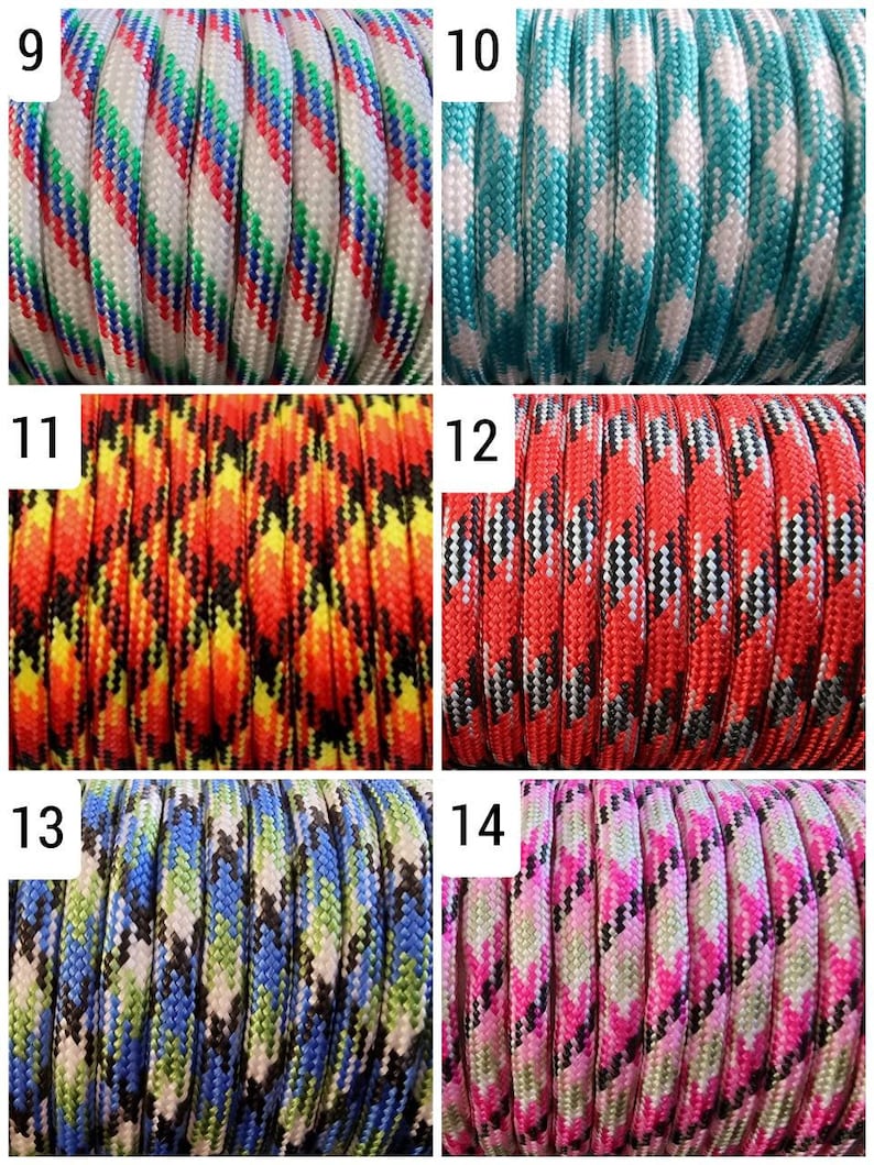 Puede incluir: Primer plano de varios carretes de paracord colorido. El paracord presenta varios patrones y colores, incluyendo rojo, blanco, azul, verde y negro. Los carretes est&aacute;n bien enrollados, mostrando los intrincados dise&ntilde;os.