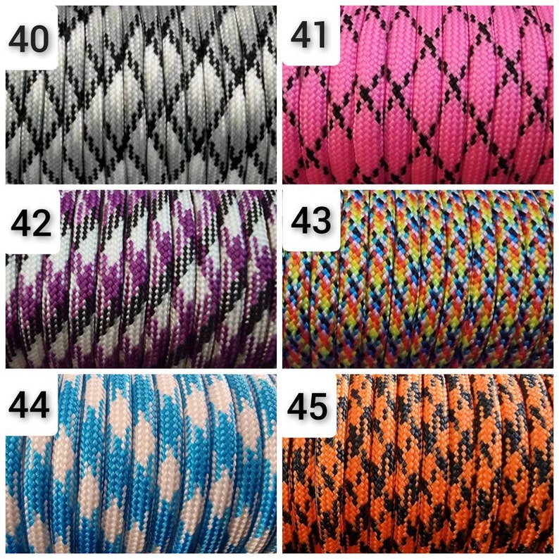 Puede incluir: Una colecci&oacute;n de seis carretes de paracord en varios colores y patrones. Los patrones incluyen dise&ntilde;os de diamantes y zig-zag en colores como gris, blanco, negro, rosa, morado, azul, naranja y un patr&oacute;n de arco&iacute;ris. Cada carrete est&aacute; numerado.