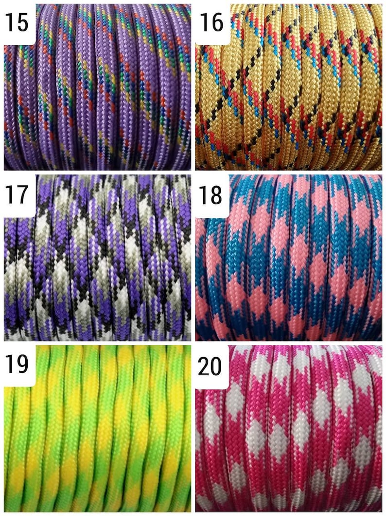 Puede incluir: Primer plano de seis muestras diferentes de paracord. Los cordones presentan varios patrones y colores, incluyendo morado, dorado, azul, rosa, verde y blanco. Cada cord&oacute;n est&aacute; tejido apretadamente, mostrando las variaciones de textura y dise&ntilde;o.